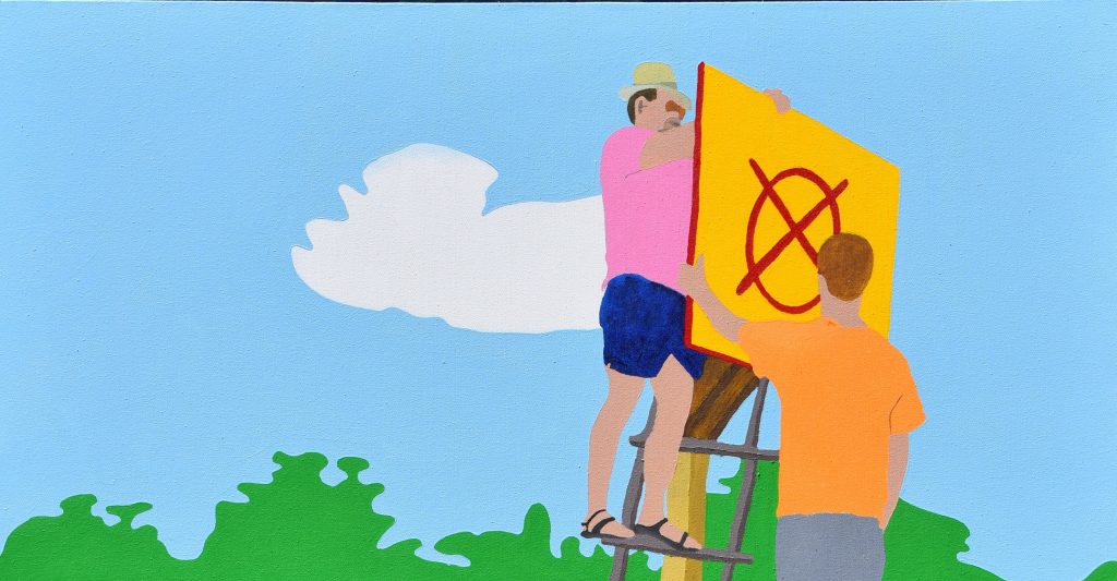 A painting of two figures erecting a sign.